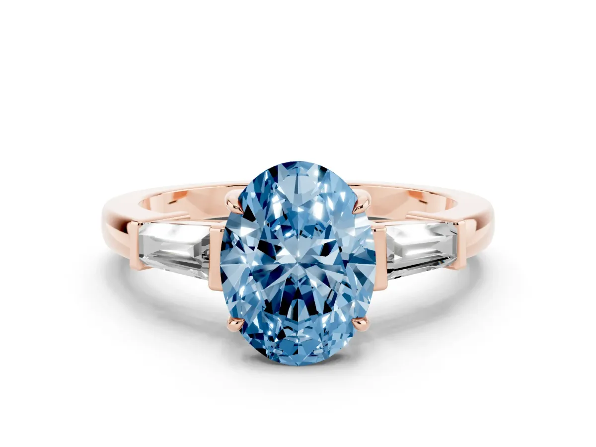 Fancy Blue Oval Cut Diamond Three-Stone Ring with Tapered Baguette Side Stones and Prong Setting Rose gold