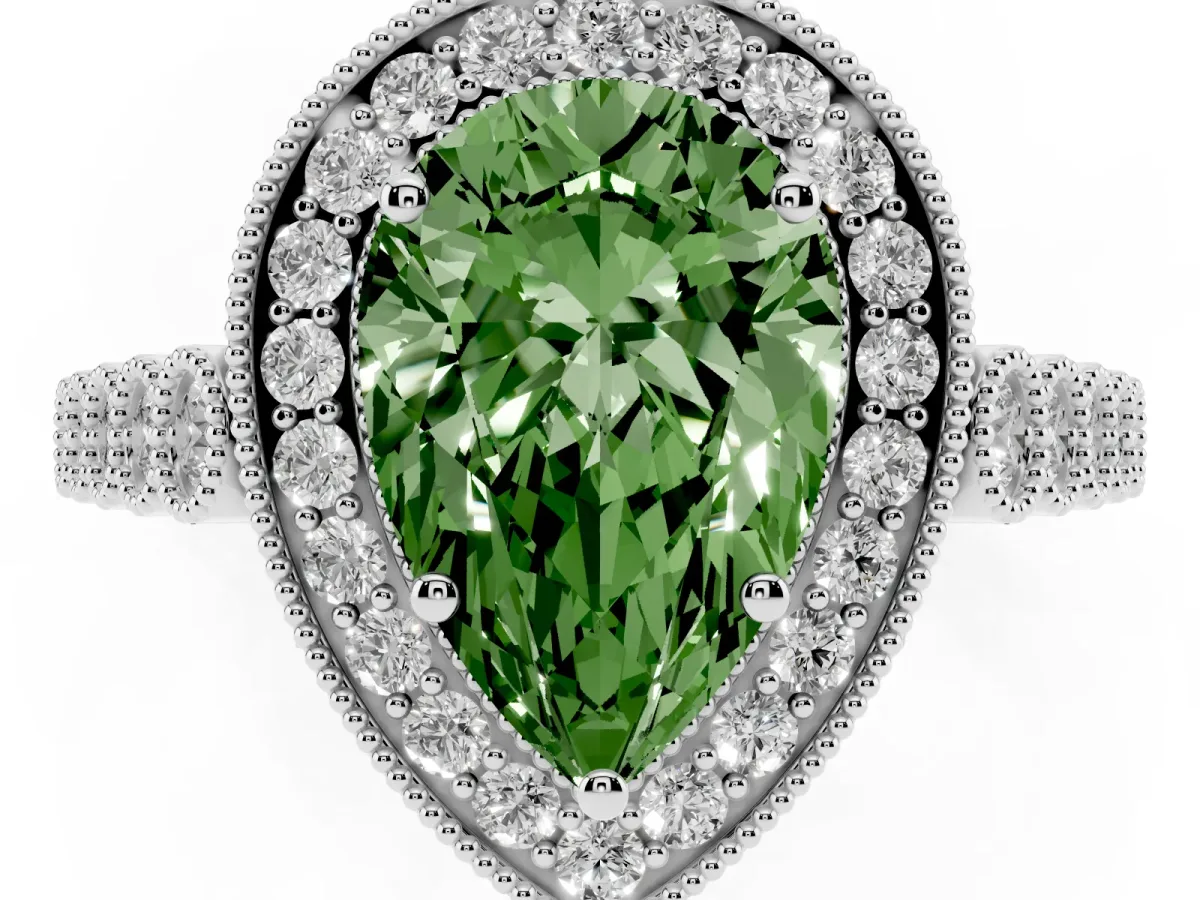 Fancy Green Pear Cut Halo Twist Band Solitaire Ring with Six-Prong Setting Silver