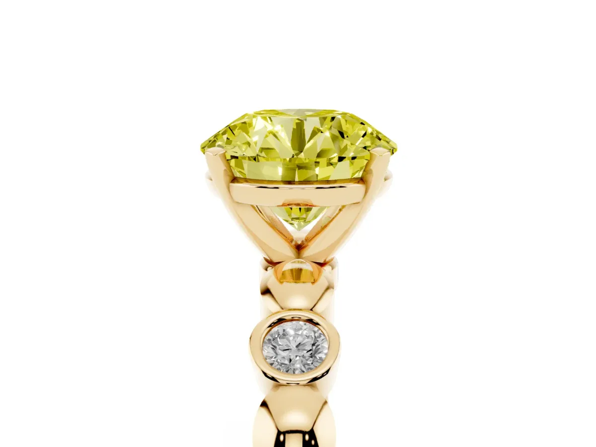 Fancy Yellow Round Cut Solitaire Bezel-Set Diamond Ring with Beaded Band and Four-Prong Setting Yellow gold