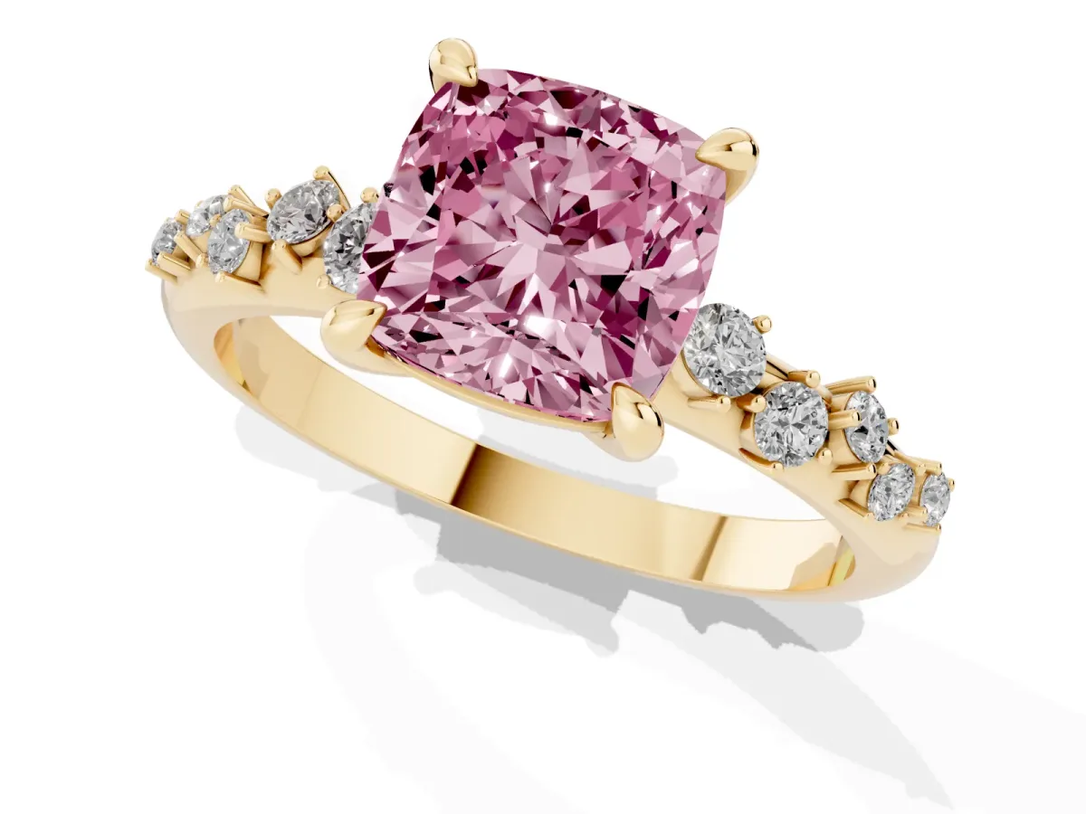 Fancy Pink Cushion Cut Cut Diamond Vine Band with Four-Prong Setting Yellow gold