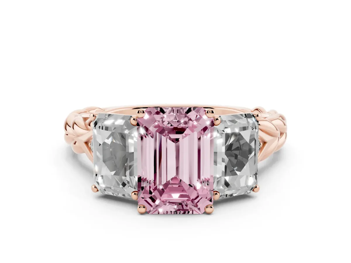 Fancy Pink Three-Stone Radiant Cut Diamond Braided Band Ring with Four-Prong Setting Rose gold