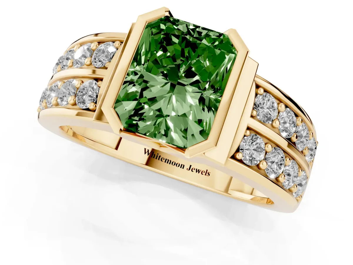 Fancy Green Radiant Cut Brilliant Diamond Channel Set Wide Band Ring with Bezel Setting Yellow gold
