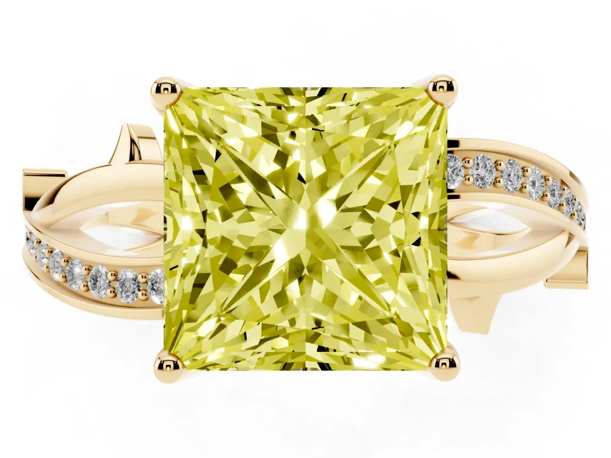 Fancy Yellow Princess Cut Solitaire Twist Band with Pavé Accents and Four-Prong Setting Yellow gold