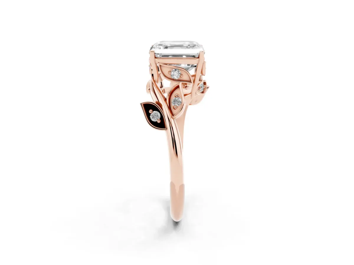 Asscher Cut Solitaire Twist Engagement Ring with Leaf Accents and Prong Setting Rose gold