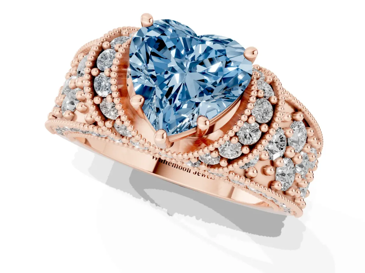 Fancy Blue Heart Cut Halo Pave Diamond Engagement Ring with Milgrain Detailing Rose gold