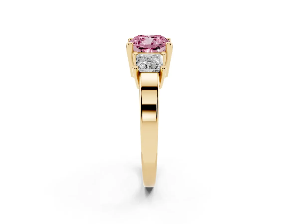 Fancy Pink Three-Stone Cushion Cut Cut Solitaire Ring with Prong Setting Yellow gold