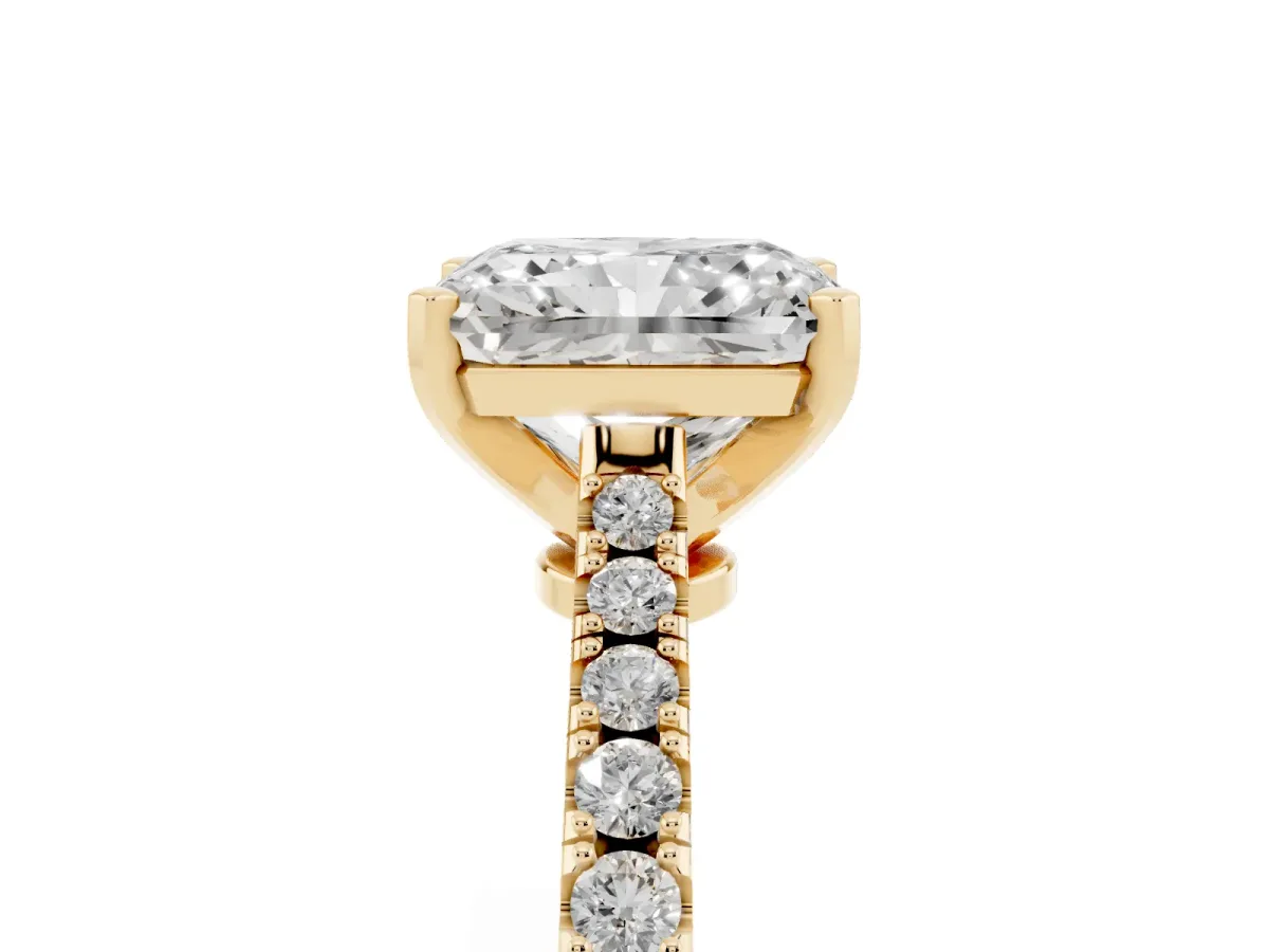 Radiant Cut Cut Solitaire Diamond Engagement Ring with Pave Band and Four-Prong Setting Yellow gold