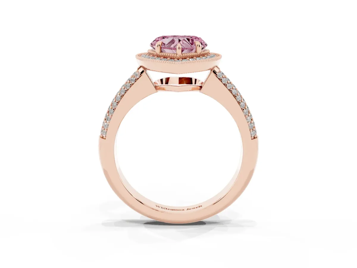 Fancy Pink Heart Cut Cut Halo Diamond Pave Band with Four-Prong Setting Rose gold