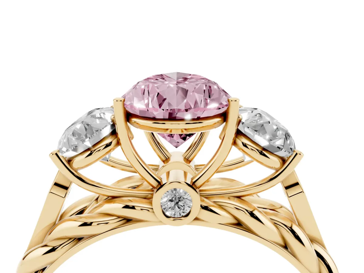 Fancy Pink Three-Stone Pear Cut Diamond Braided Band Ring with Four-Prong Setting Yellow gold