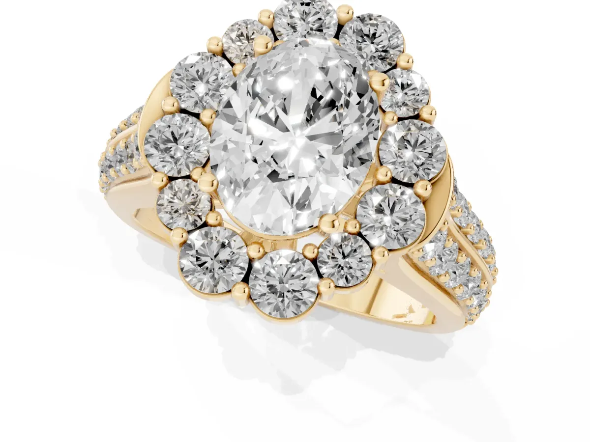 Oval Cut Halo Diamond Engagement Ring with Split Shank and Prong Setting Yellow gold
