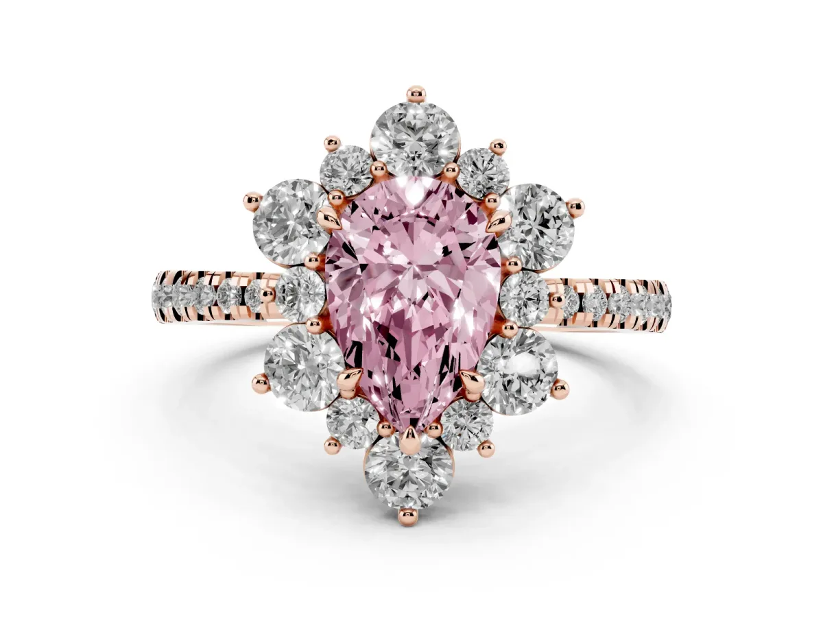 Fancy Pink Pear Cut Diamond Floral Halo Ring with Round Pavé Band and Prong Setting Rose gold