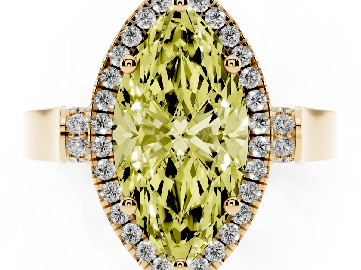 Fancy Yellow Marquise Cut Halo Round Diamond Twist Band with Four-Prong Setting Yellow gold