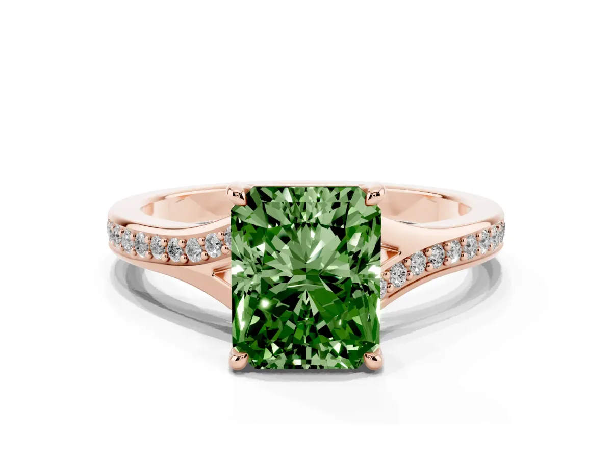 Fancy Green Radiant Cut Diamond Solitaire Ring with Pavé Band and Prong Setting Rose gold