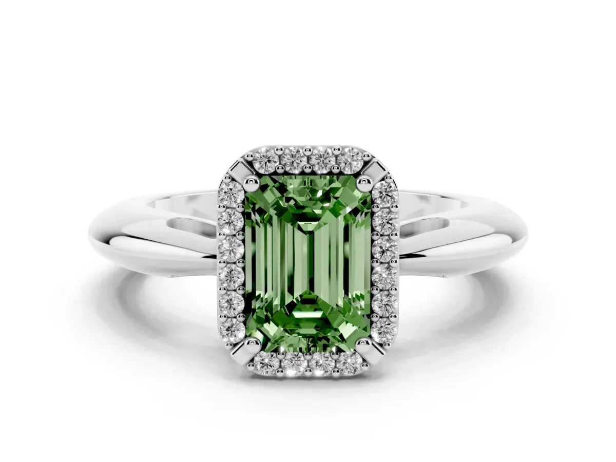 Fancy Green Emerald Cut Cut Diamond Halo Engagement Ring with Split Shank and Four-Prong Setting Silver