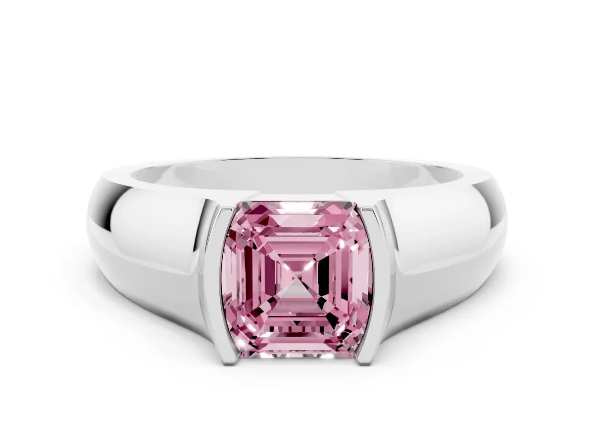 Fancy Pink Asscher Cut Solitaire Bezel Set Diamond Ring with Wide Band Silver