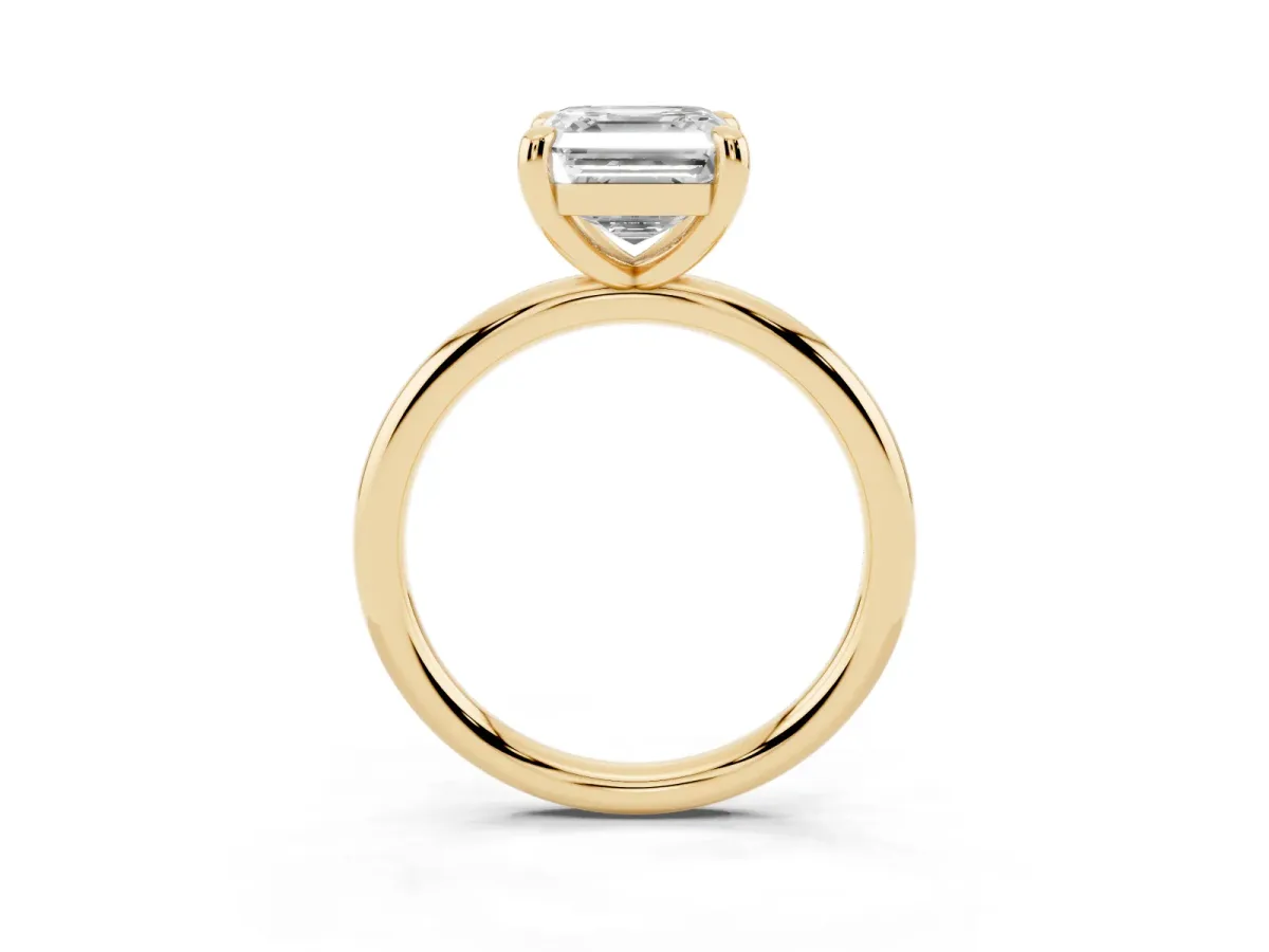 Asscher Cut Solitaire Diamond Ring with Four-Prong Setting on a Plain Band Yellow gold