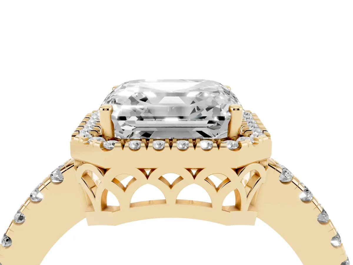 Asscher Cut Halo Diamond Engagement Ring with Pavé Band and Four-Prong Setting Yellow gold