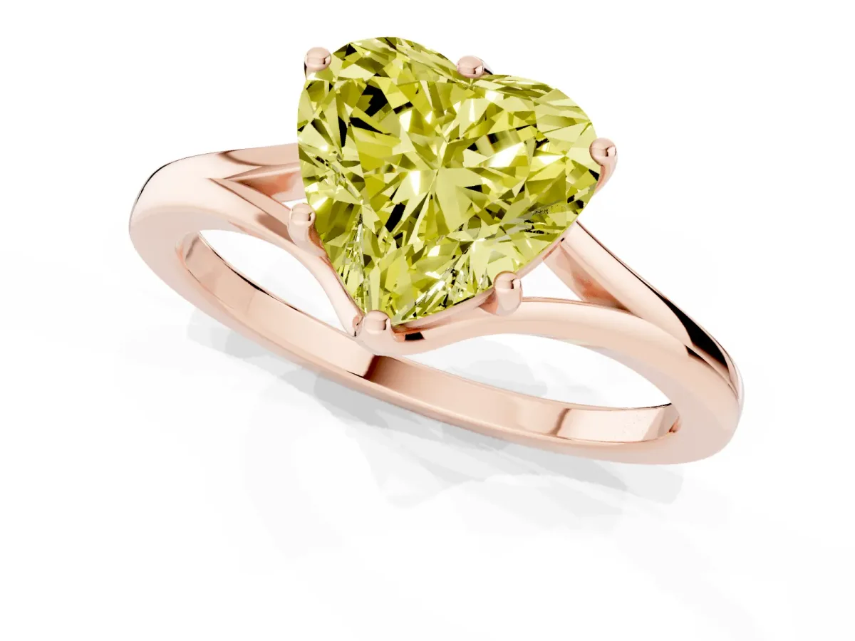 Fancy Yellow Heart Cut Solitaire Diamond Ring with Six-Prong Setting and Tapered Band Rose gold