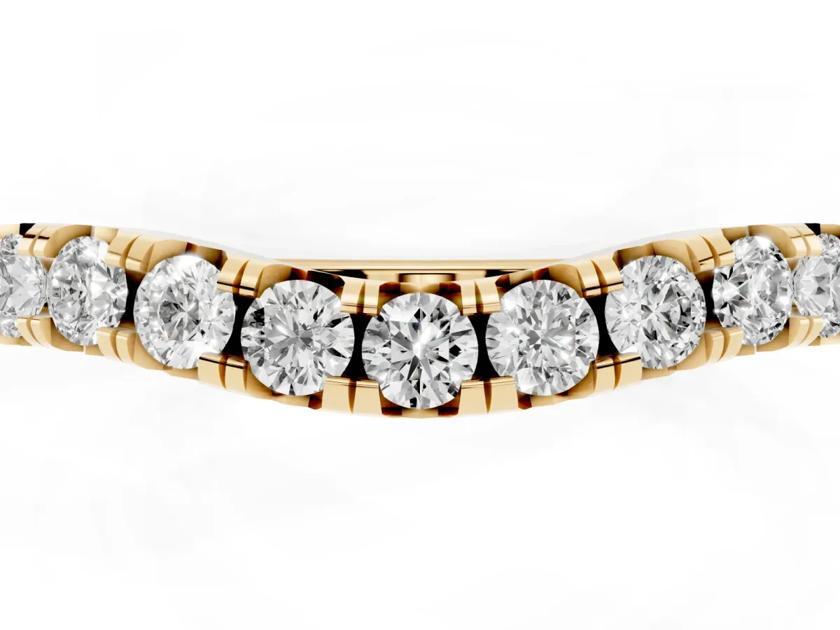 Round Diamond Curved Pavé Wedding Band with Shared Prong Setting Yellow gold