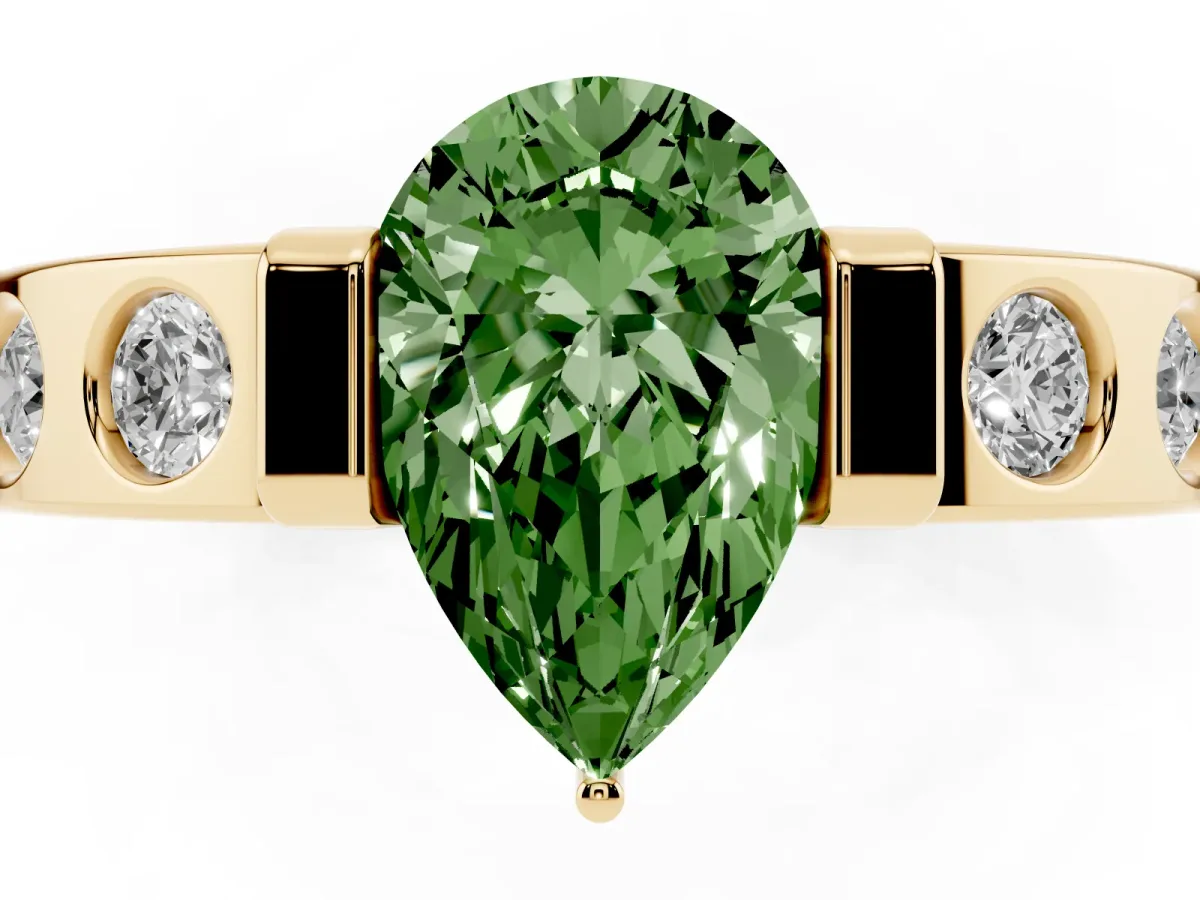 Fancy Green Pear Cut Brilliant Channel-Set Diamond Ring with Bezel Prong Setting Yellow gold