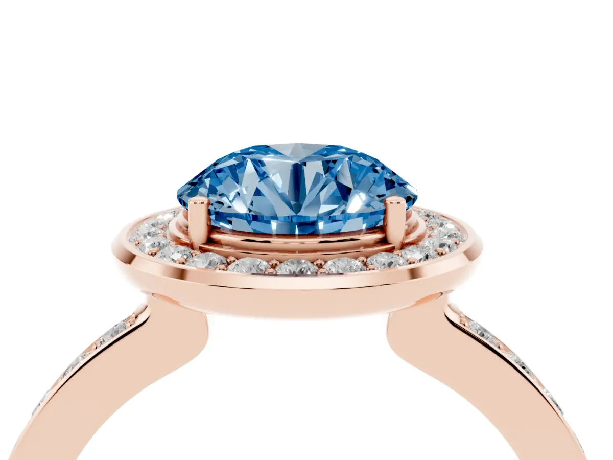 Fancy Blue Round Cut Diamond Halo Ring with Bezel Frame and Pavé Band Rose gold