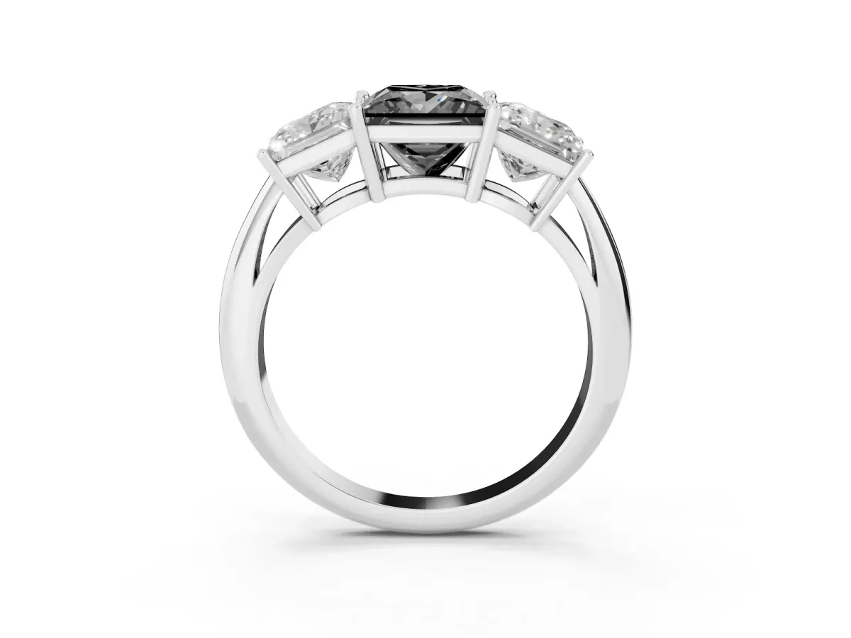 Fancy Black Three-Stone Princess Cut Cut Diamond Engagement Ring with Prong Setting on a White Gold Band White gold