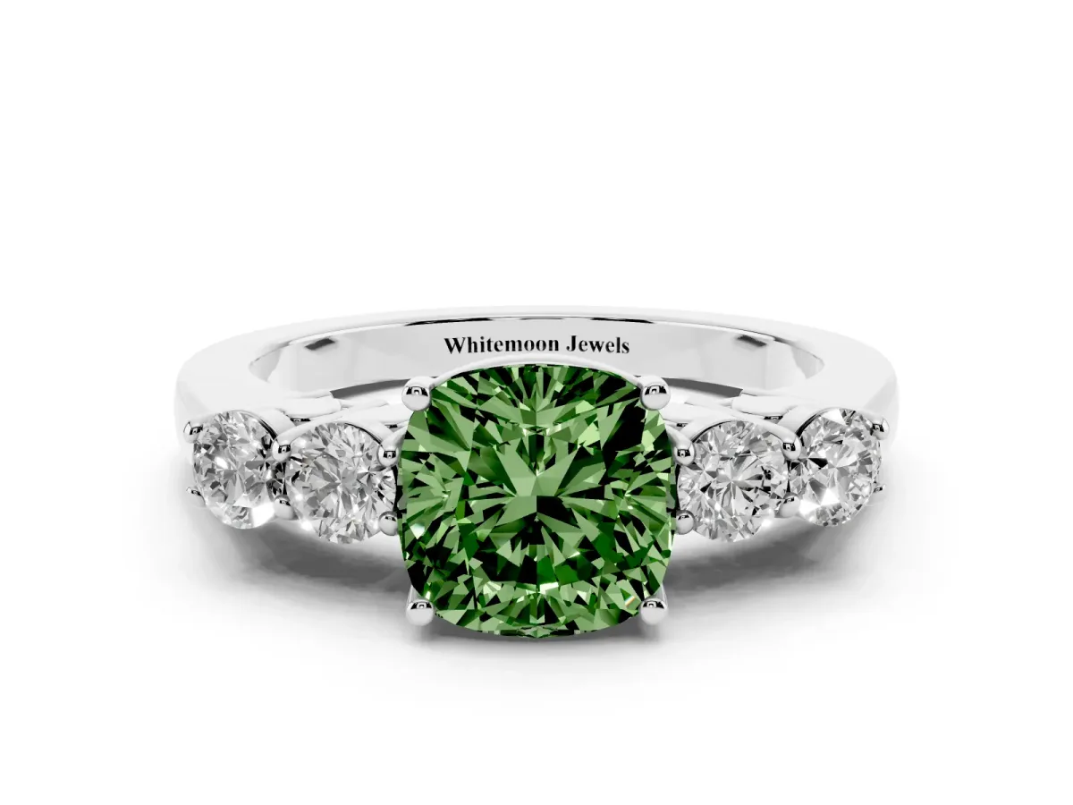 Fancy Green Cushion Cut Cut Diamond Five-Stone Prong Set White Gold Ring Silver