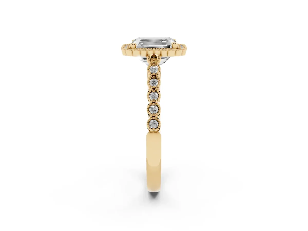 Radiant Cut Cut Halo Pavé Solitaire Ring with Milgrain Band Yellow gold
