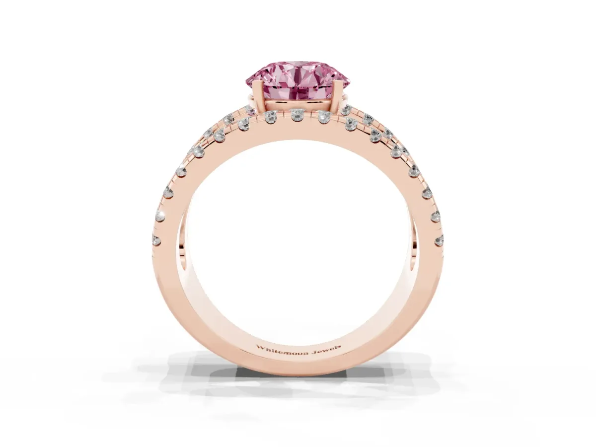 Fancy Pink Round Cut Solitaire Split Shank Pave Diamond Ring Rose gold