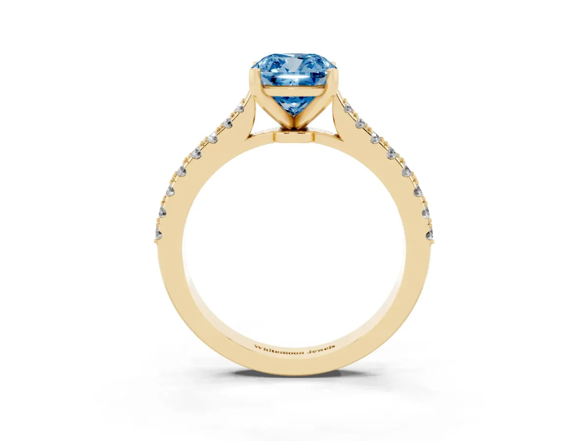 Fancy Blue Cushion Cut Cut Solitaire Diamond Engagement Ring with Pave Band and Four-Prong Setting Yellow gold