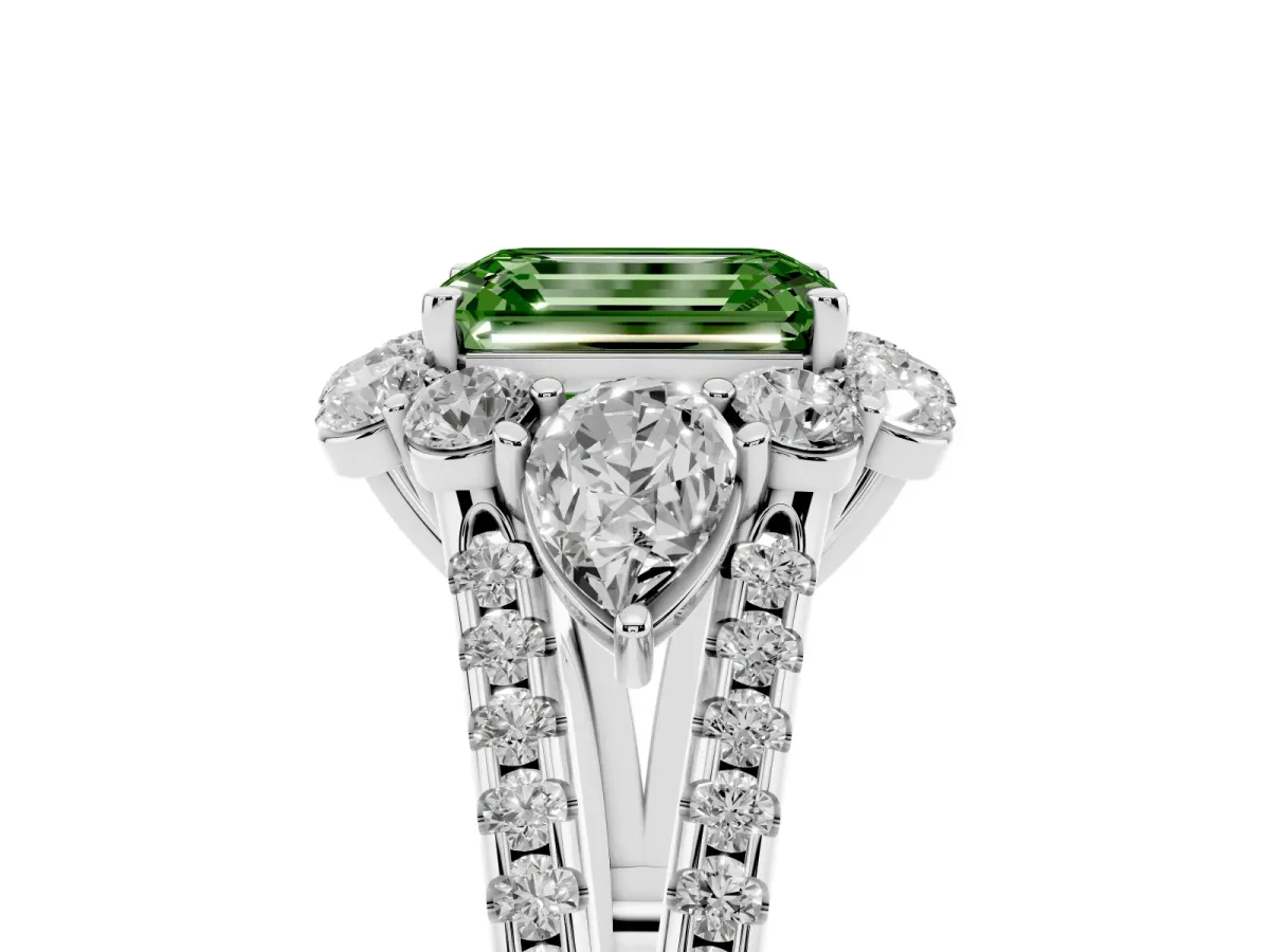 Fancy Green Emerald Cut Halo Split Shank Diamond Engagement Ring with Prong Setting White gold