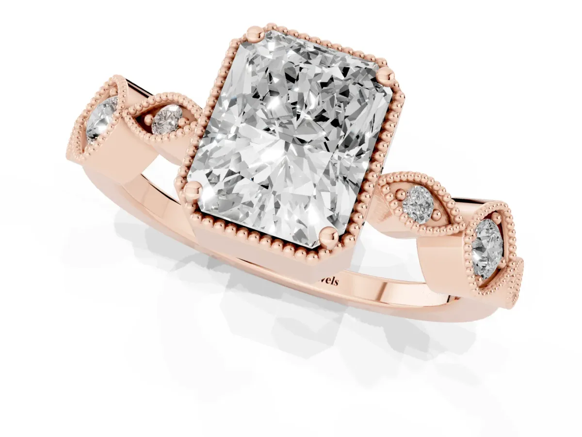 Radiant Cut Diamond Vintage Milgrain Ring with Round Stations Rose gold