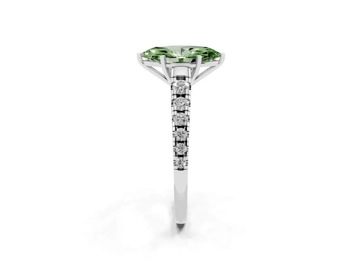 Fancy Green Marquise Cut Diamond Cathedral Solitaire Ring with Round Pavé Band Silver