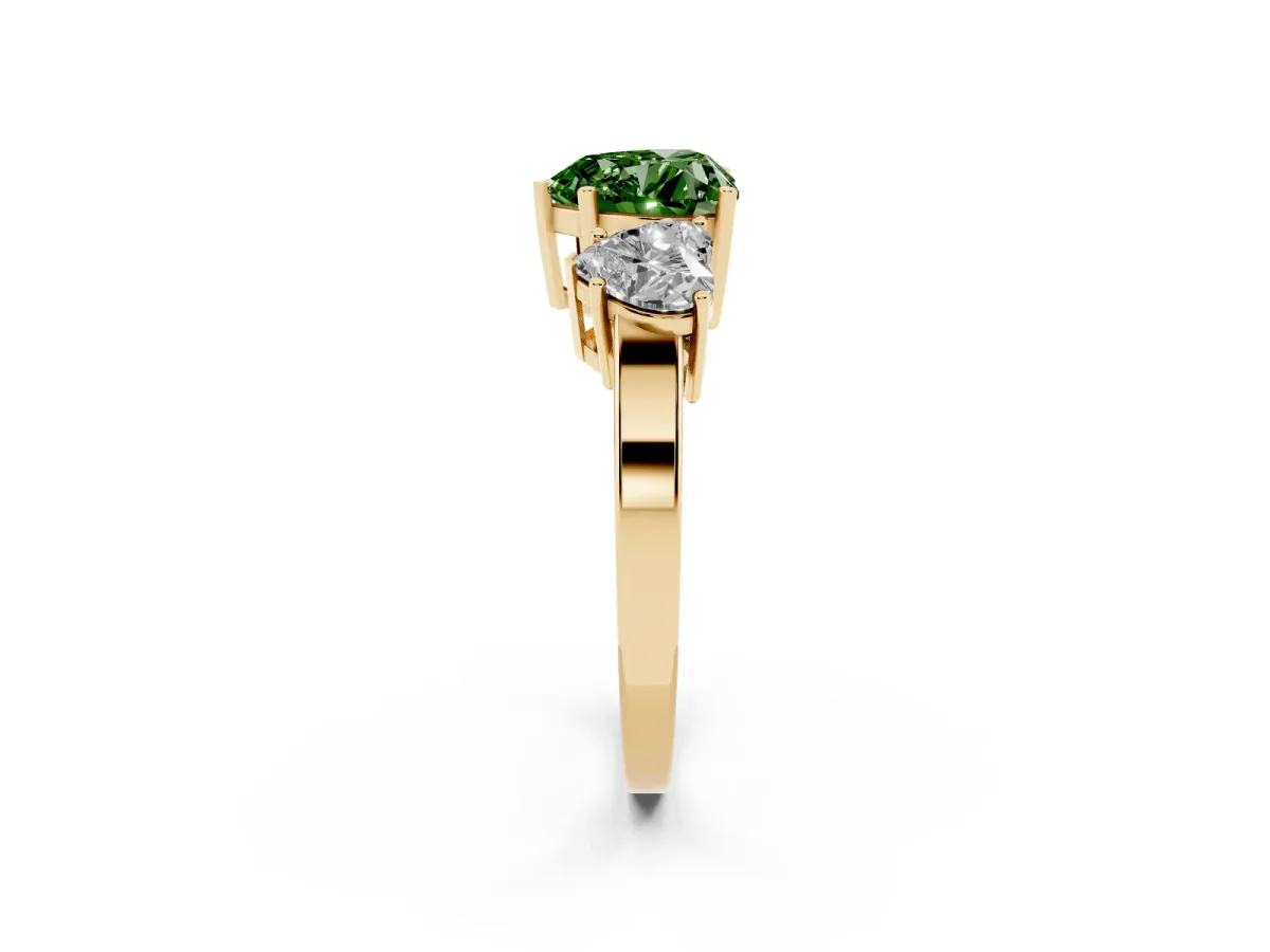 Fancy Green Three-Stone Heart Cut Cut Diamond Engagement Ring with Flat Band and Four-Prong Setting Yellow gold