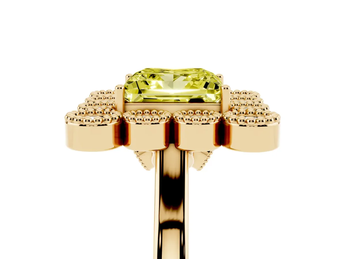 Fancy Yellow Princess Cut Halo Diamond Cluster Engagement Ring with Milgrain Bezel Setting and Solitaire Band Yellow gold