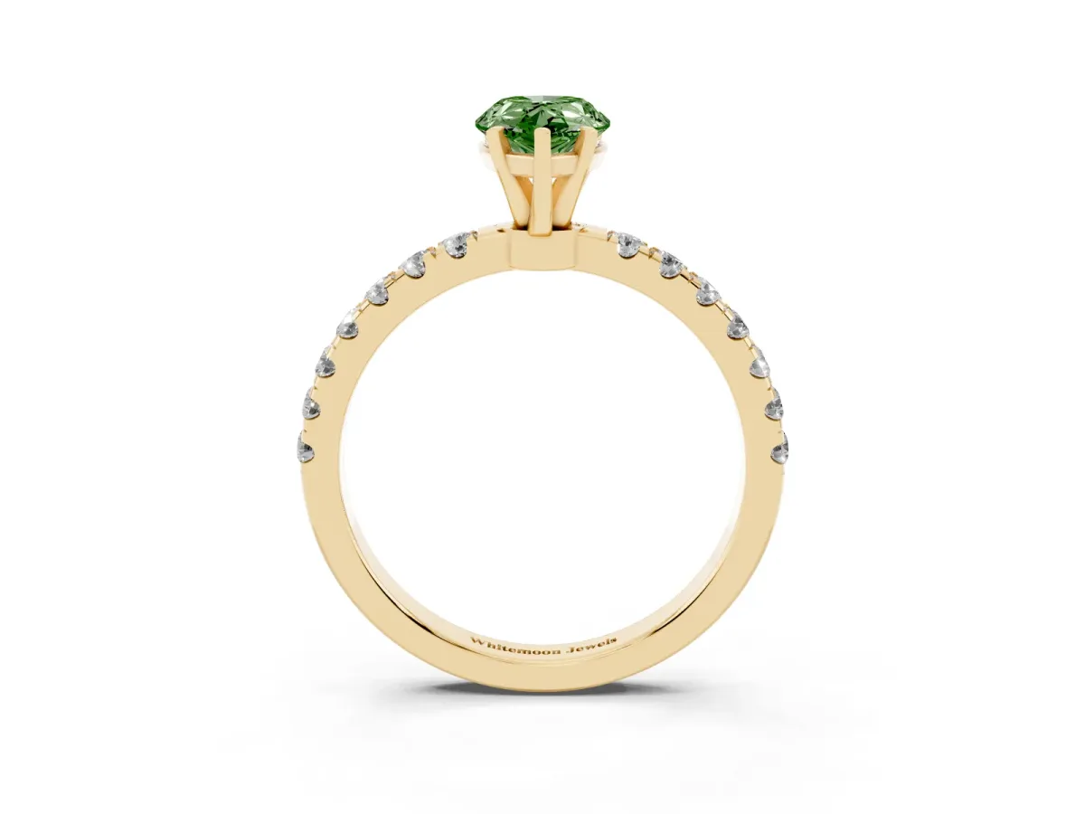 Fancy Green Pear Cut Diamond Solitaire Ring with Pavé Accents and Four-Prong Setting Yellow gold