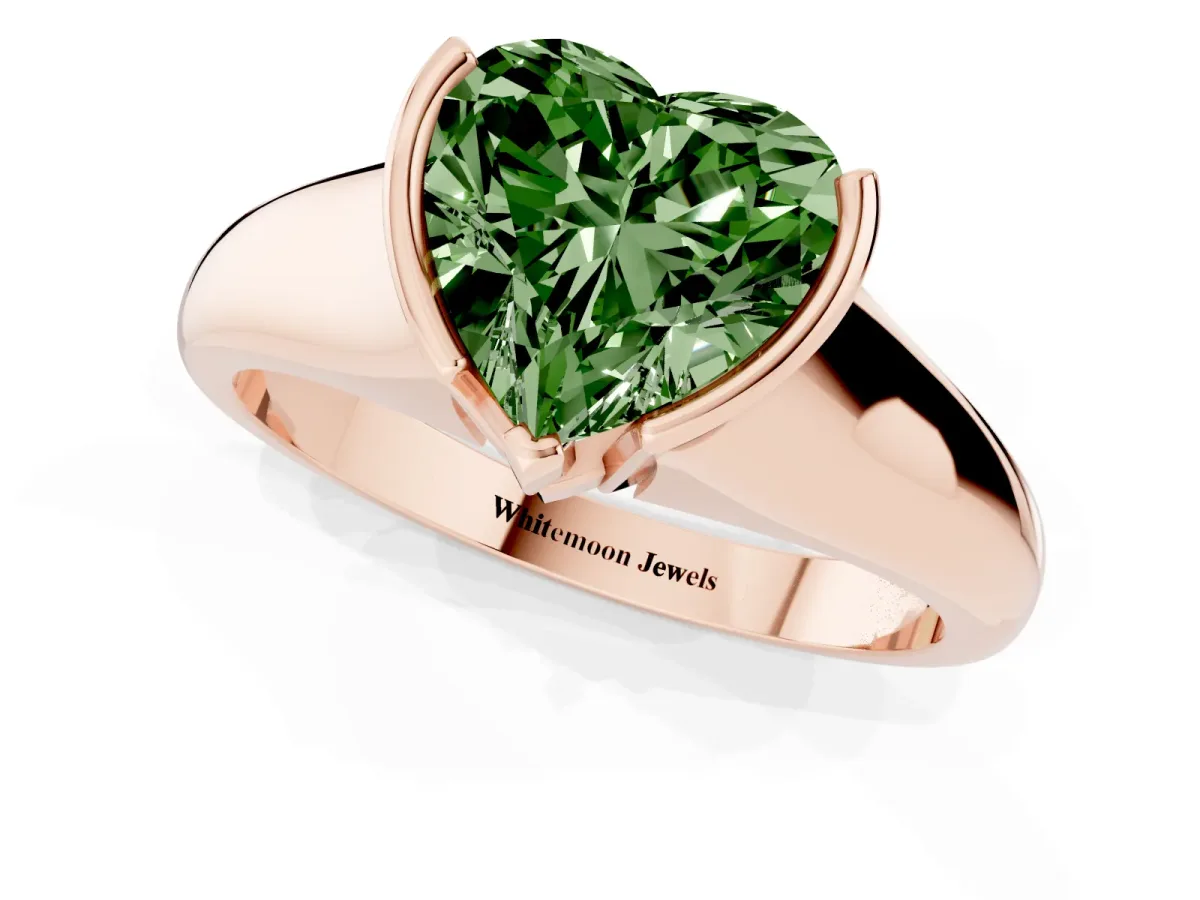 Fancy Green Heart Cut Solitaire Tension Set Diamond Ring with Split Shank Band Rose gold