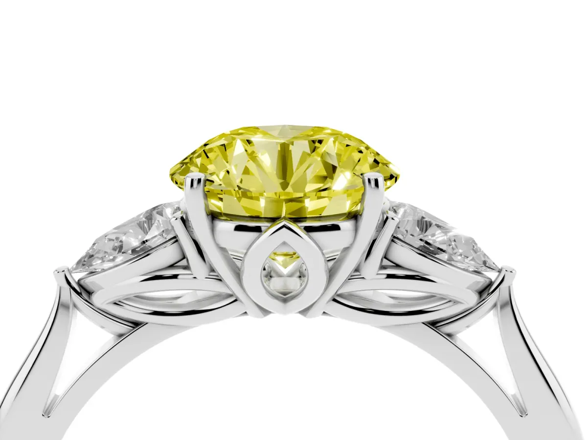 Fancy Yellow Round Cut Diamond Three-Stone Ring with Pear Side Stones and Prong Setting Silver