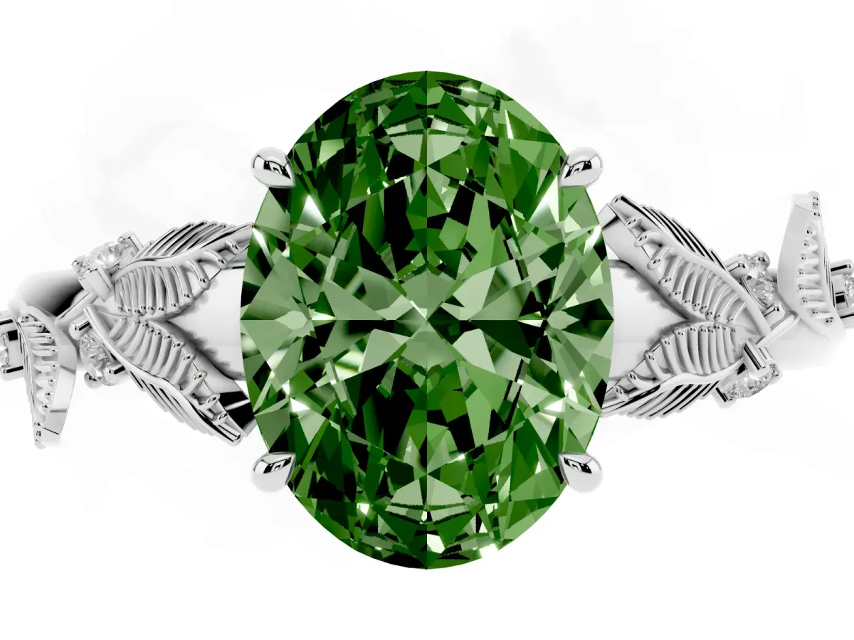 Fancy Green Oval Cut Diamond Solitaire Ring with Leaf Motif Band and Four-Prong Setting Silver
