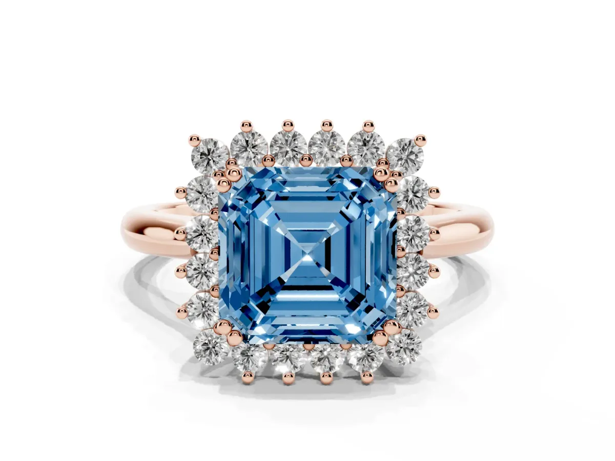 Fancy Blue Asscher Cut Cut Diamond Halo Ring with Solitaire Band and Prong Setting Rose gold