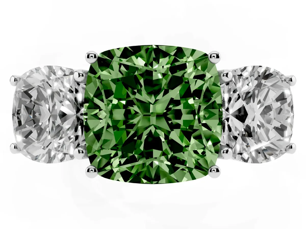Fancy Green Three-Stone Cushion Cut Diamond Braided Band Ring with Four-Prong Setting Silver