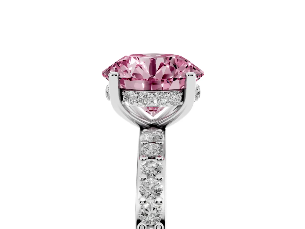 Fancy Pink Round Cut Cut Diamond Pavé Band Ring with Four-Prong Setting Silver