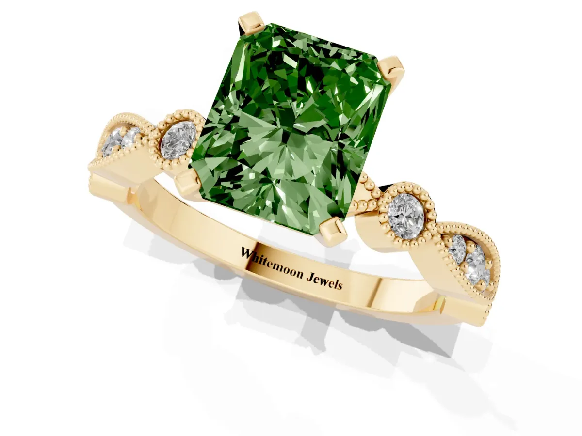 Fancy Green Radiant Cut Milgrain Bezel Diamond Engagement Ring with Solitaire Prong Setting Yellow gold