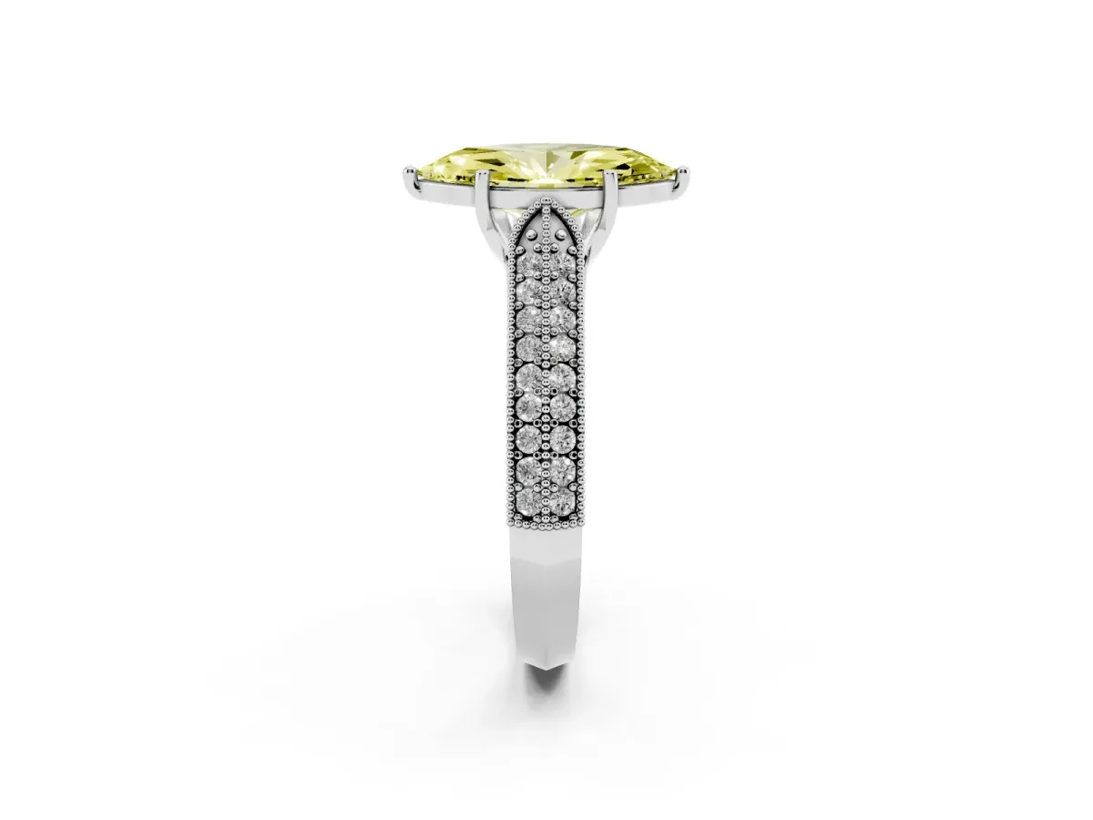 Fancy Yellow Marquise Cut Cut Pave Split Shank Engagement Ring with Four-Prong Setting White gold