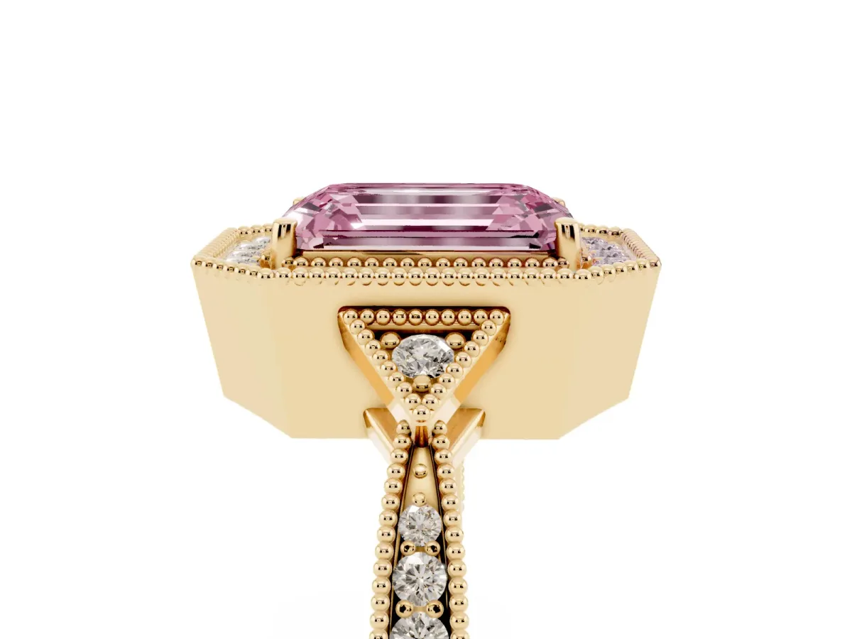 Fancy Pink Emerald Cut Halo Round Diamond Milgrain Pave Engagement Ring Yellow gold
