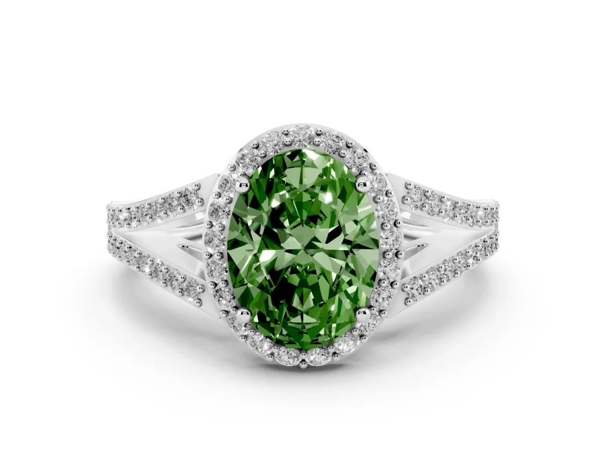 Fancy Green Oval Cut Halo Split Shank Diamond Ring with Prong Setting Silver