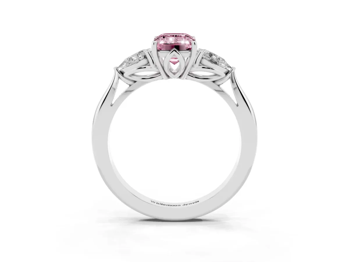 Fancy Pink Three-Stone Emerald Cut Brilliant Diamond Solitaire Ring with Tapered Band and Four-Prong Setting Silver