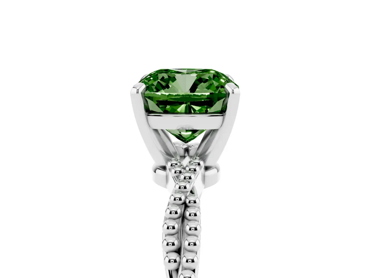 Fancy Green Cushion Cut Solitaire Twisted Band with Bead Prong Setting Silver