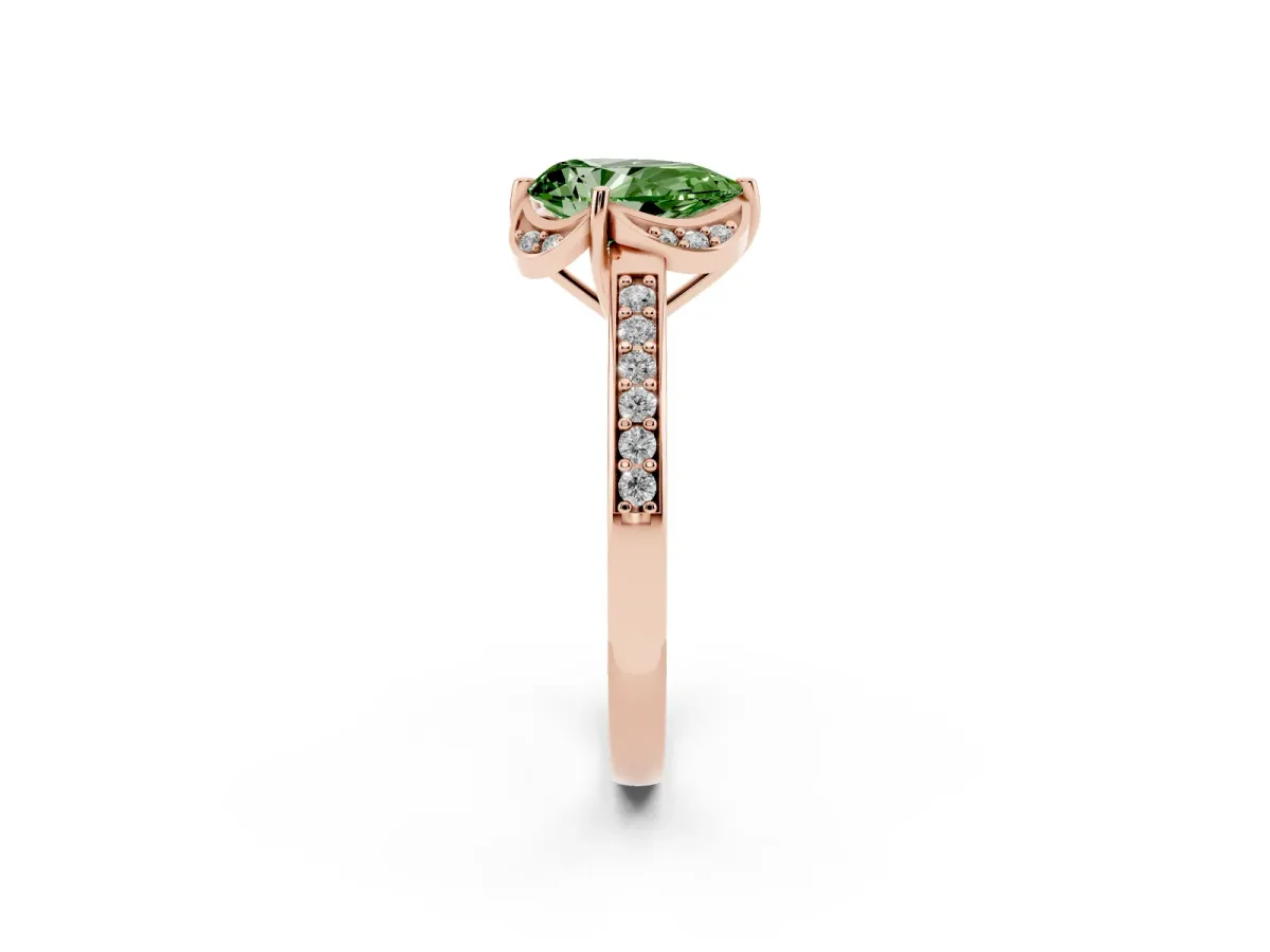 Fancy Green Pear Cut Cut Halo Diamond Ring with Channel Set Band and Four-Prong Setting Rose gold