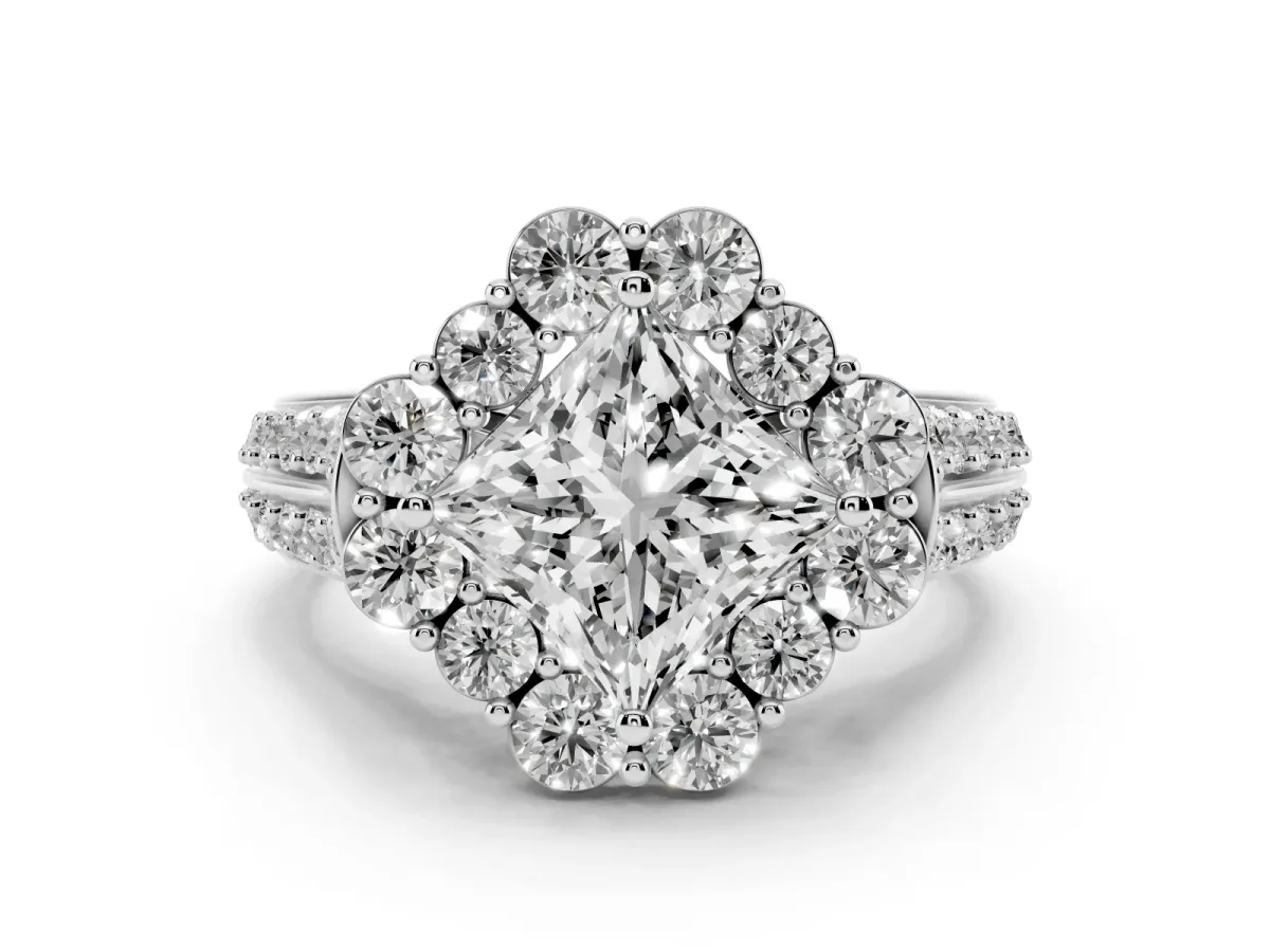Princess Cut Halo Diamond Engagement Ring with Split Shank and Prong Setting Silver